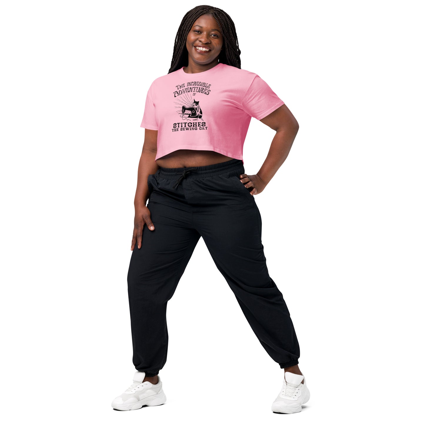 Bubblegum Crop top with "The Incredible Adventures of Stitches the Sewing Cat – The Perfect Gift for People who Love to Sew