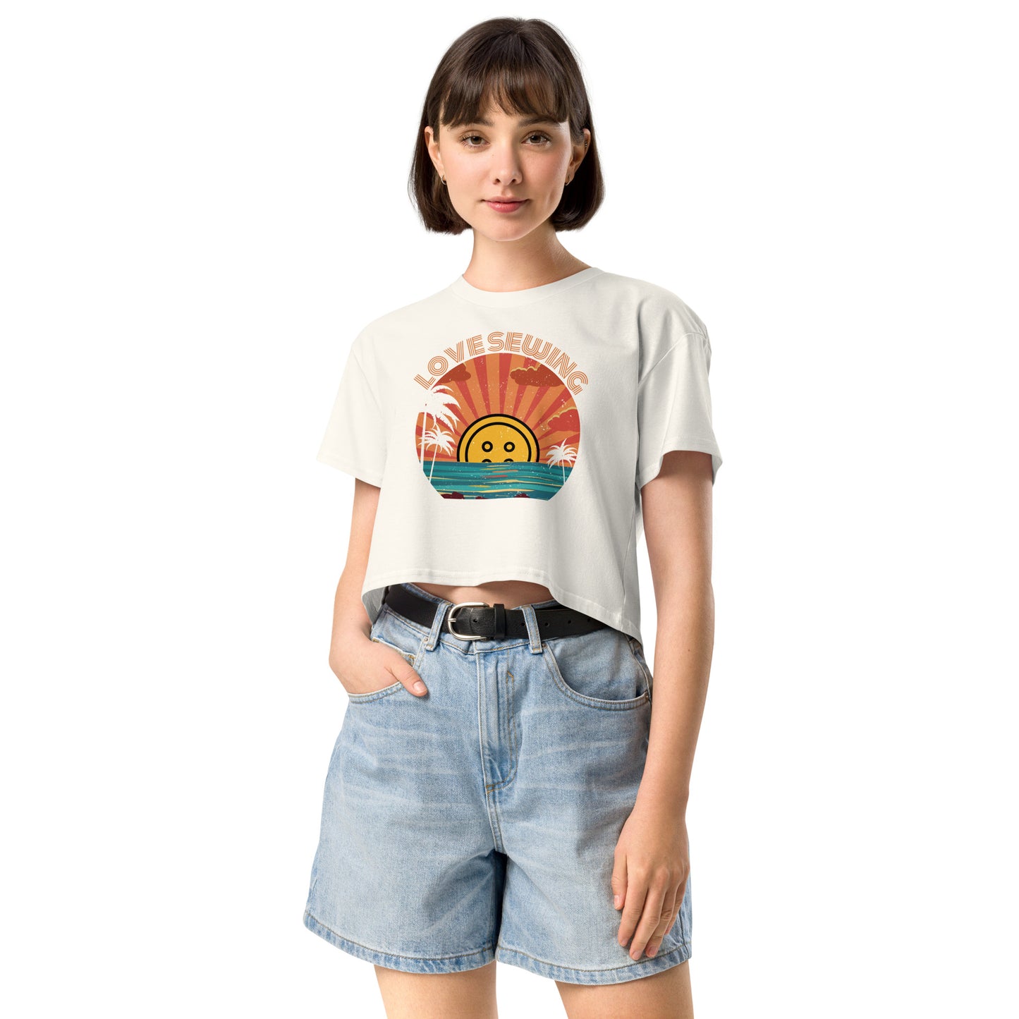 Ecru Crop top with "Tropical Love Sewing" design – The Perfect Gift for People who Love to Sew