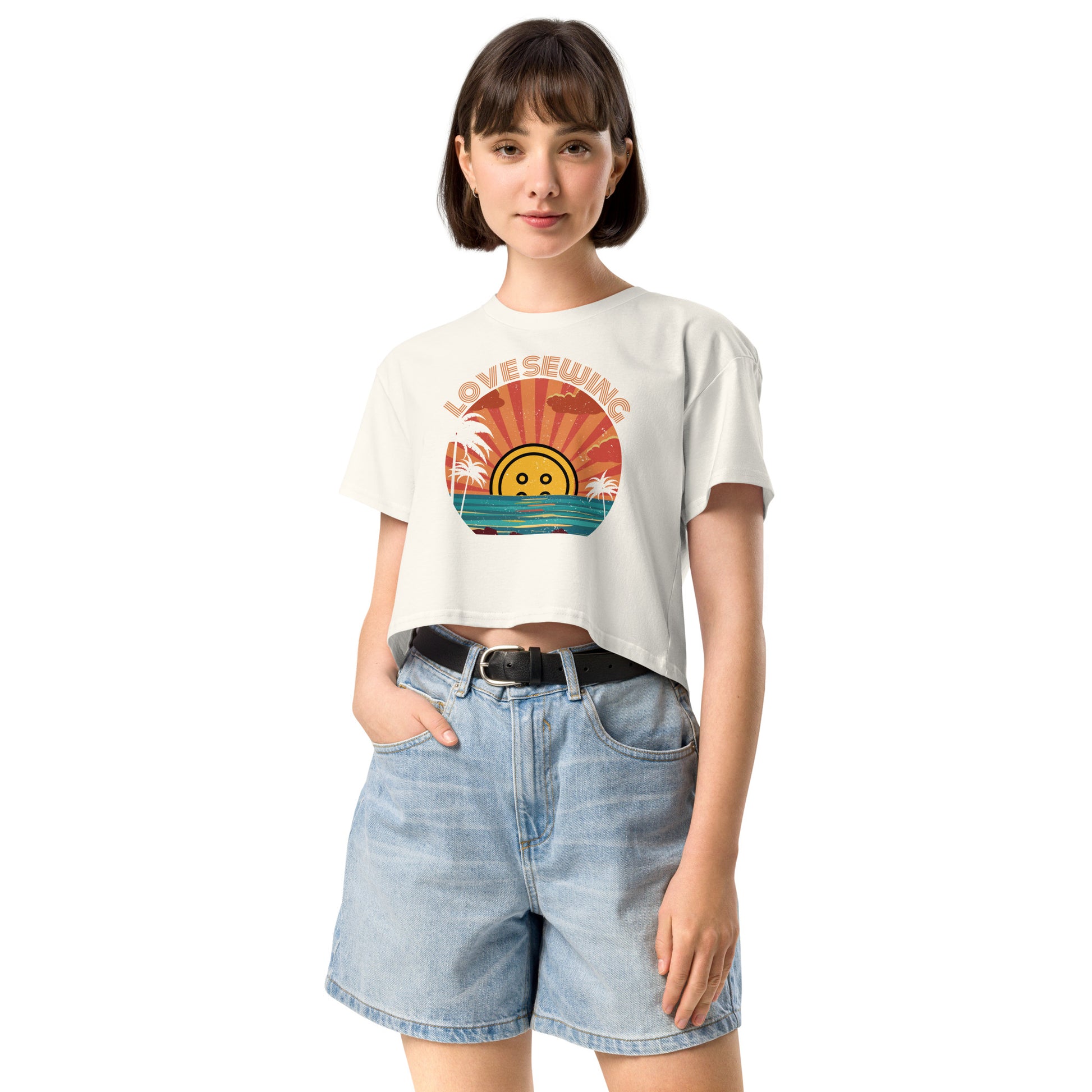 Ecru Crop top with "Tropical Love Sewing" design – The Perfect Gift for People who Love to Sew