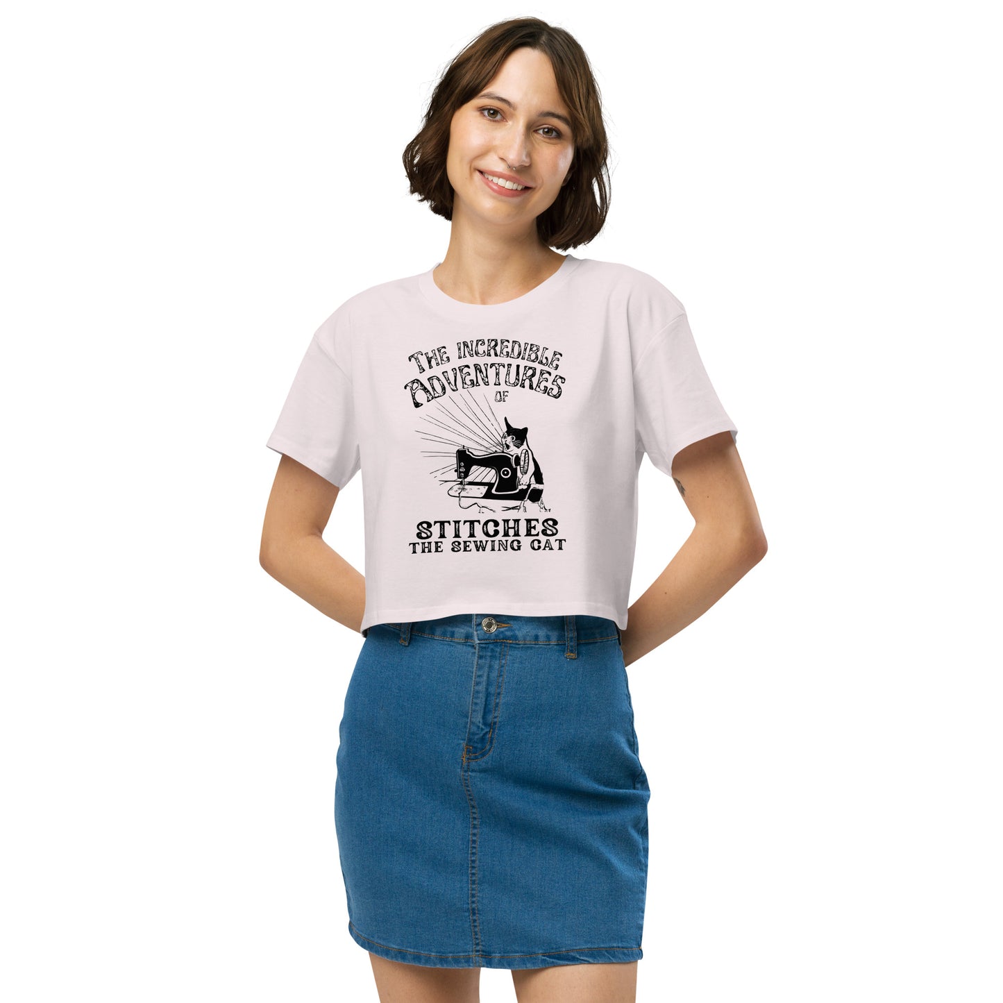 Pale Pink Crop top with "The Incredible Adventures of Stitches the Sewing Cat – The Perfect Gift for People who Love to Sew