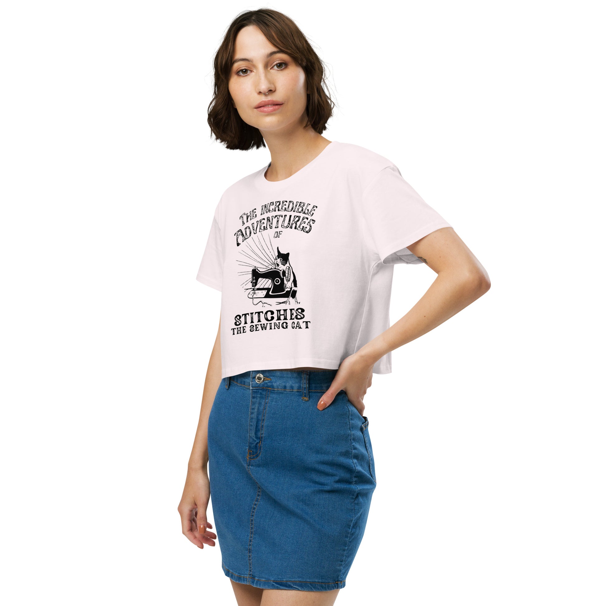 Pale Pink Crop top with "The Incredible Adventures of Stitches the Sewing Cat – The Perfect Gift for People who Love to Sew