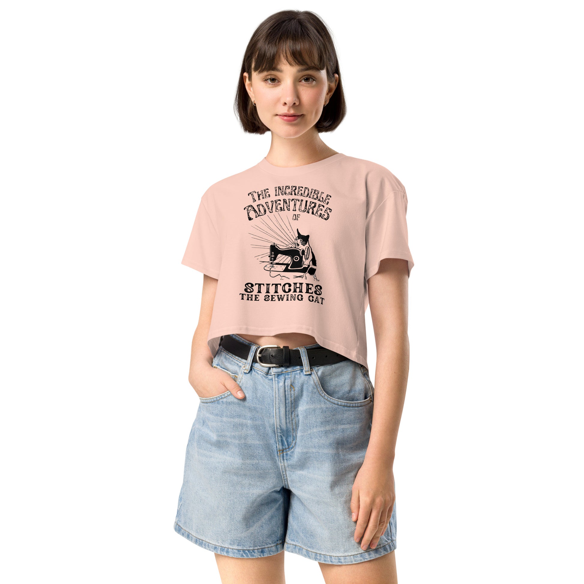 Pale Pink Crop top with "The Incredible Adventures of Stitches the Sewing Cat – The Perfect Gift for People who Love to Sew