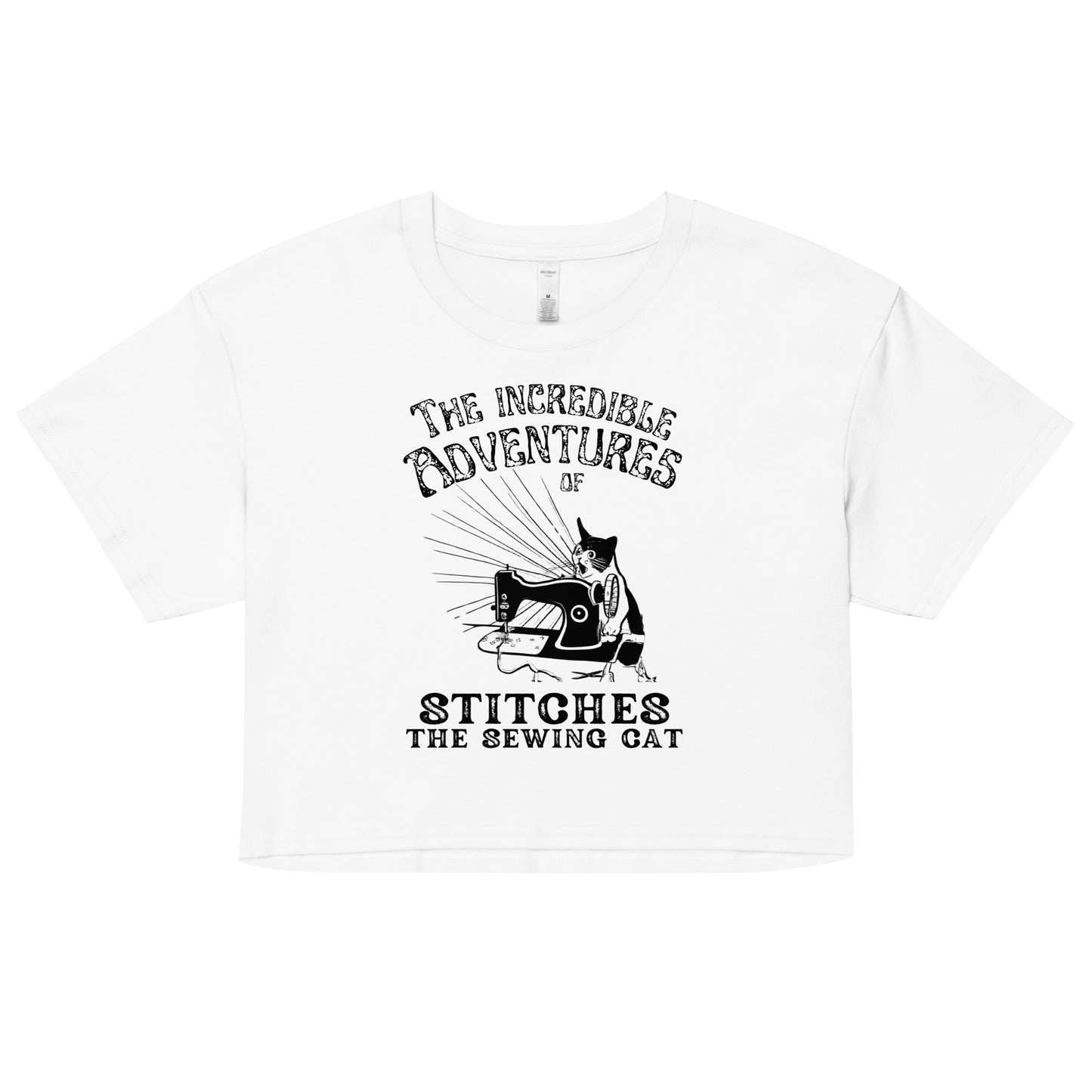 White Crop top with "The Incredible Adventures of Stitches the Sewing Cat – The Perfect Gift for People who Love to Sew