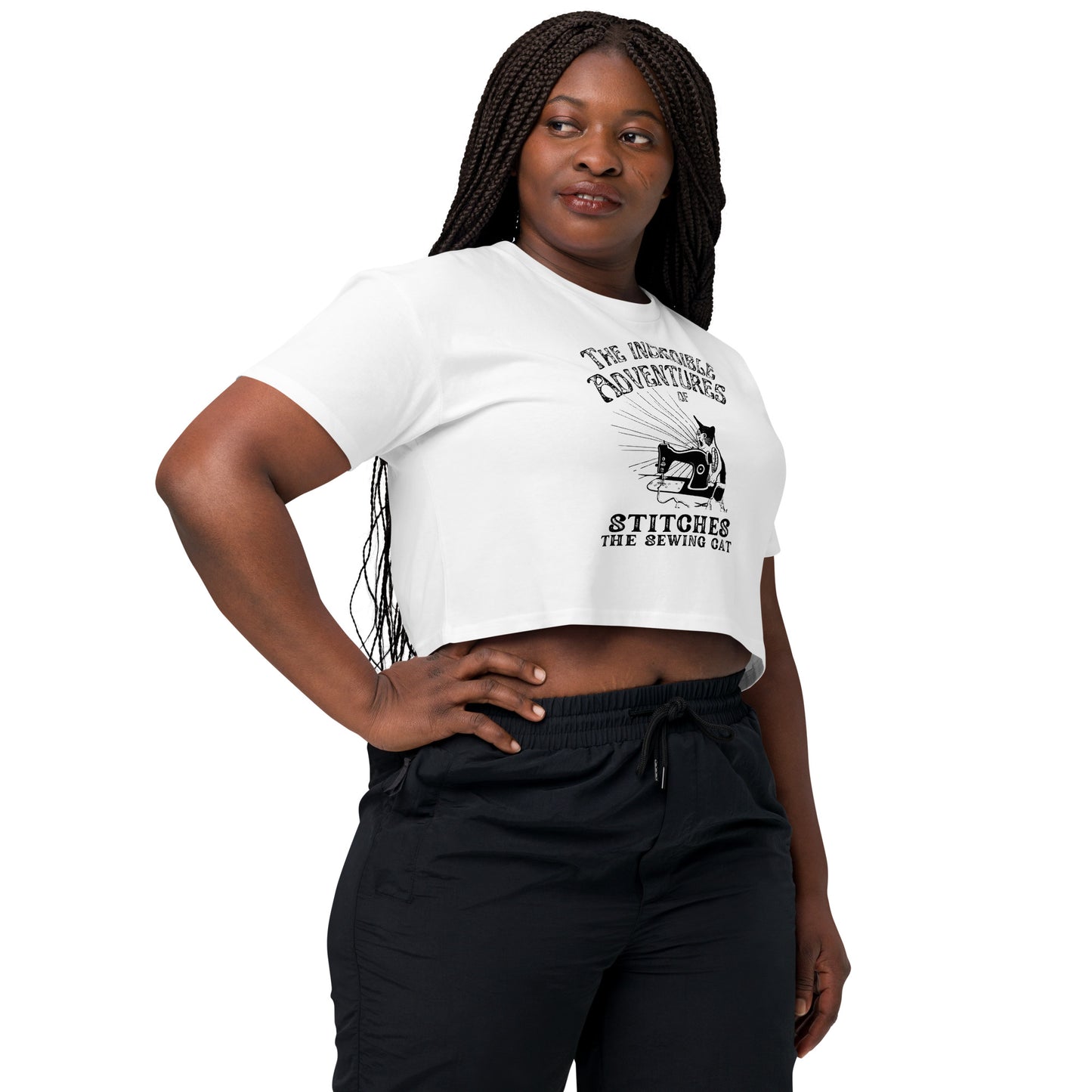 White Crop top with "The Incredible Adventures of Stitches the Sewing Cat – The Perfect Gift for People who Love to Sew