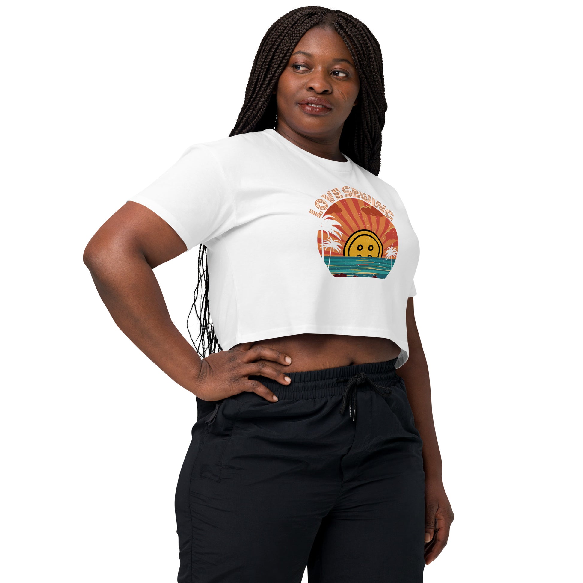 White Crop top with "Tropical Love Sewing" design – The Perfect Gift for People who Love to Sew