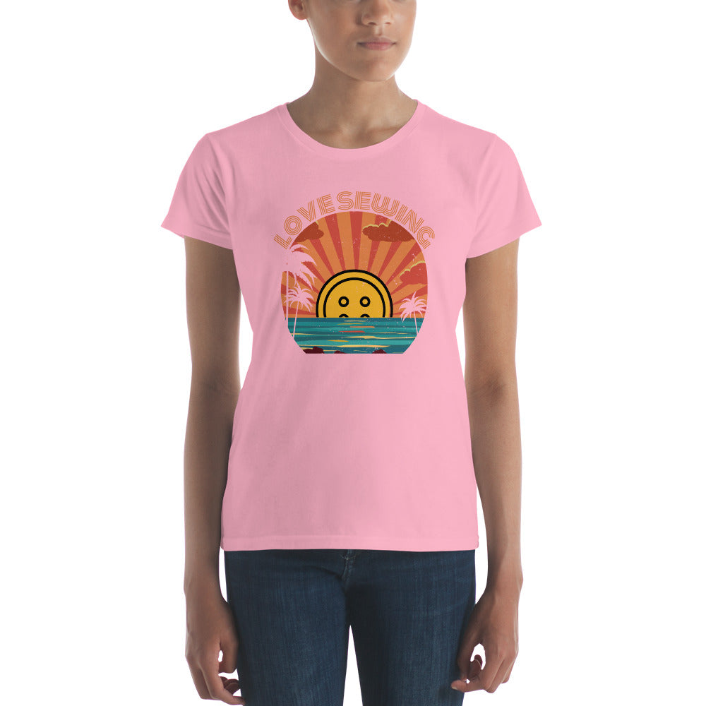 Charity Pink Short Sleeve T-shirt with "Tropical Love Sewing" design – The Perfect Gift for People who Love to Sew