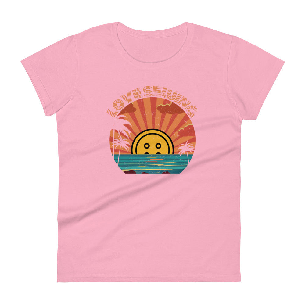 Charity Pink Short Sleeve T-shirt with "Tropical Love Sewing" design – The Perfect Gift for People who Love to Sew