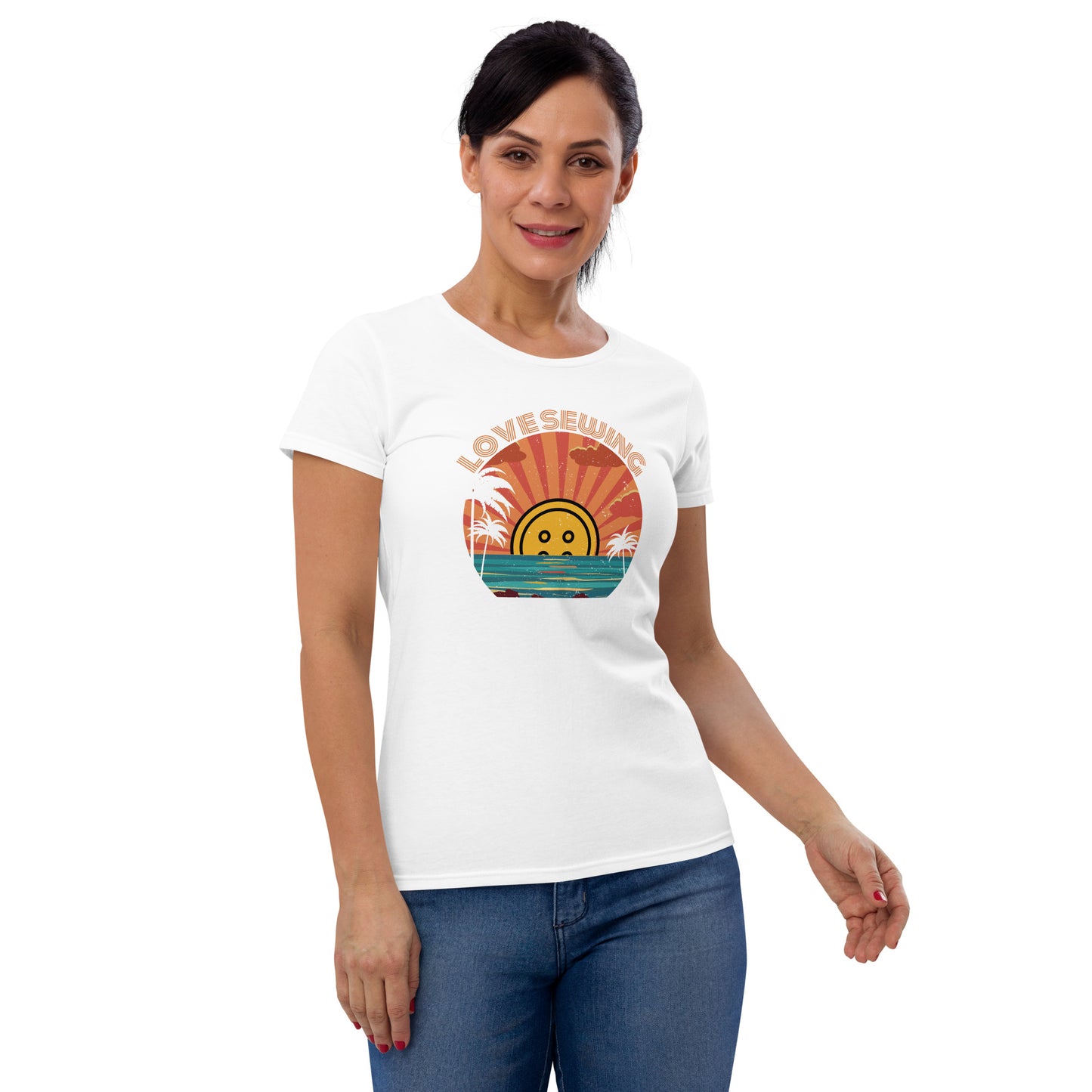 White Short Sleeve T-shirt with "Tropical Love Sewing" design – The Perfect Gift for People who Love to Sew