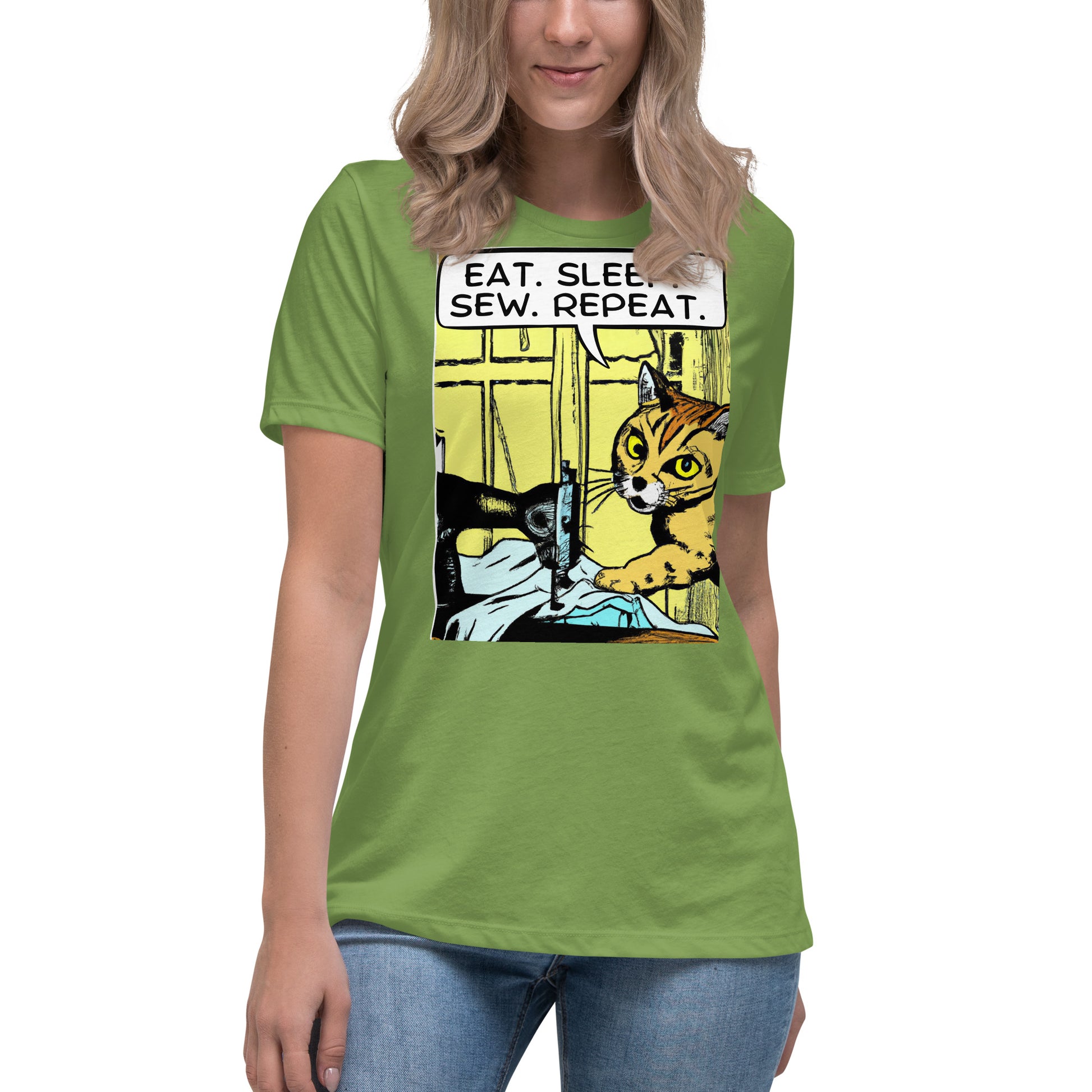 Women's T-shirt with "Eat. Sleep. Sew. Repeat. Sewing Cat" design – The Perfect Gift for People who Love to Sew