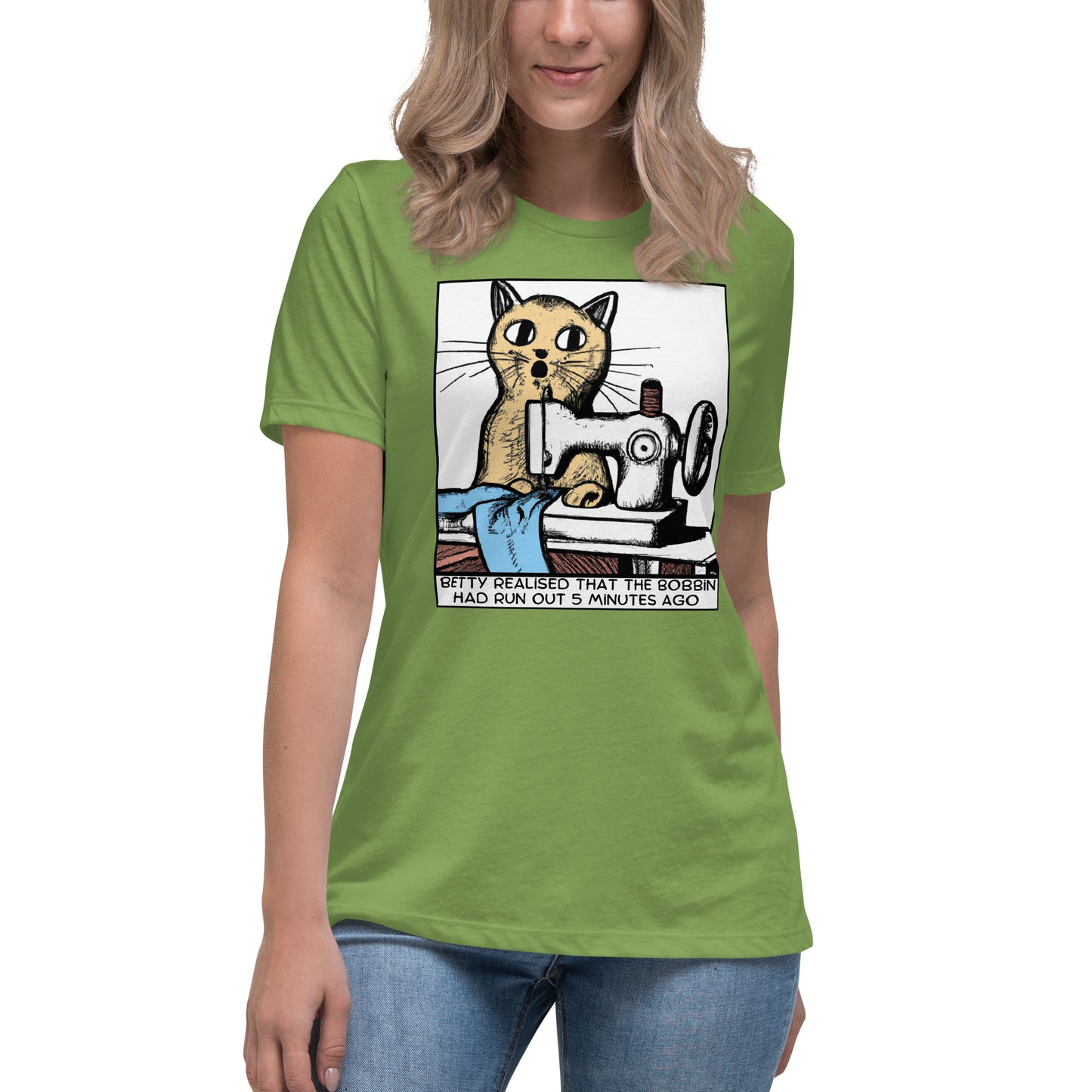 Women's T-shirt with "Betty Realised the Bobbin Ran Out Sewing Cat" design – The Perfect Gift for People who Love to Sew