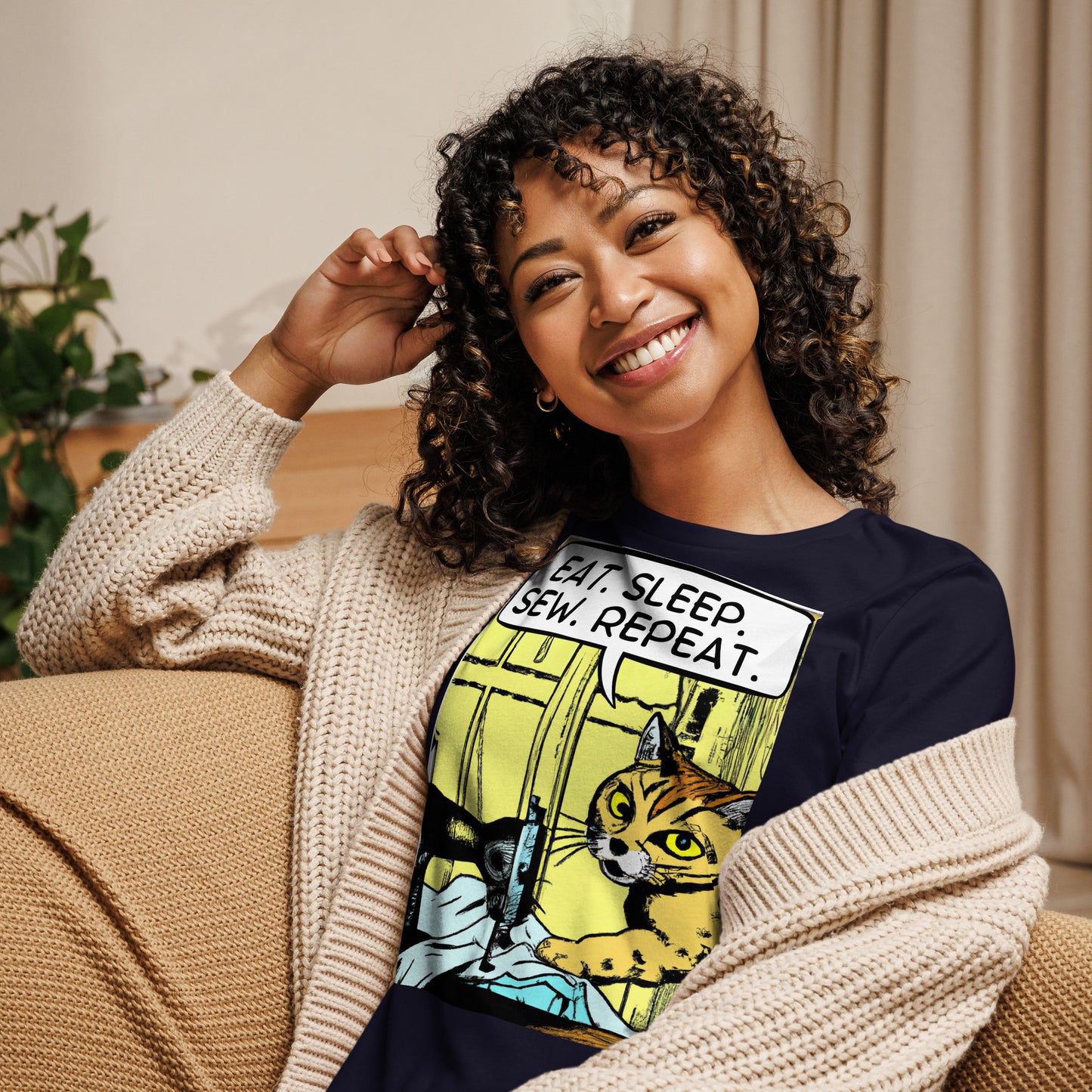 Women's T-shirt with "Eat. Sleep. Sew. Repeat. Sewing Cat" design – The Perfect Gift for People who Love to Sew