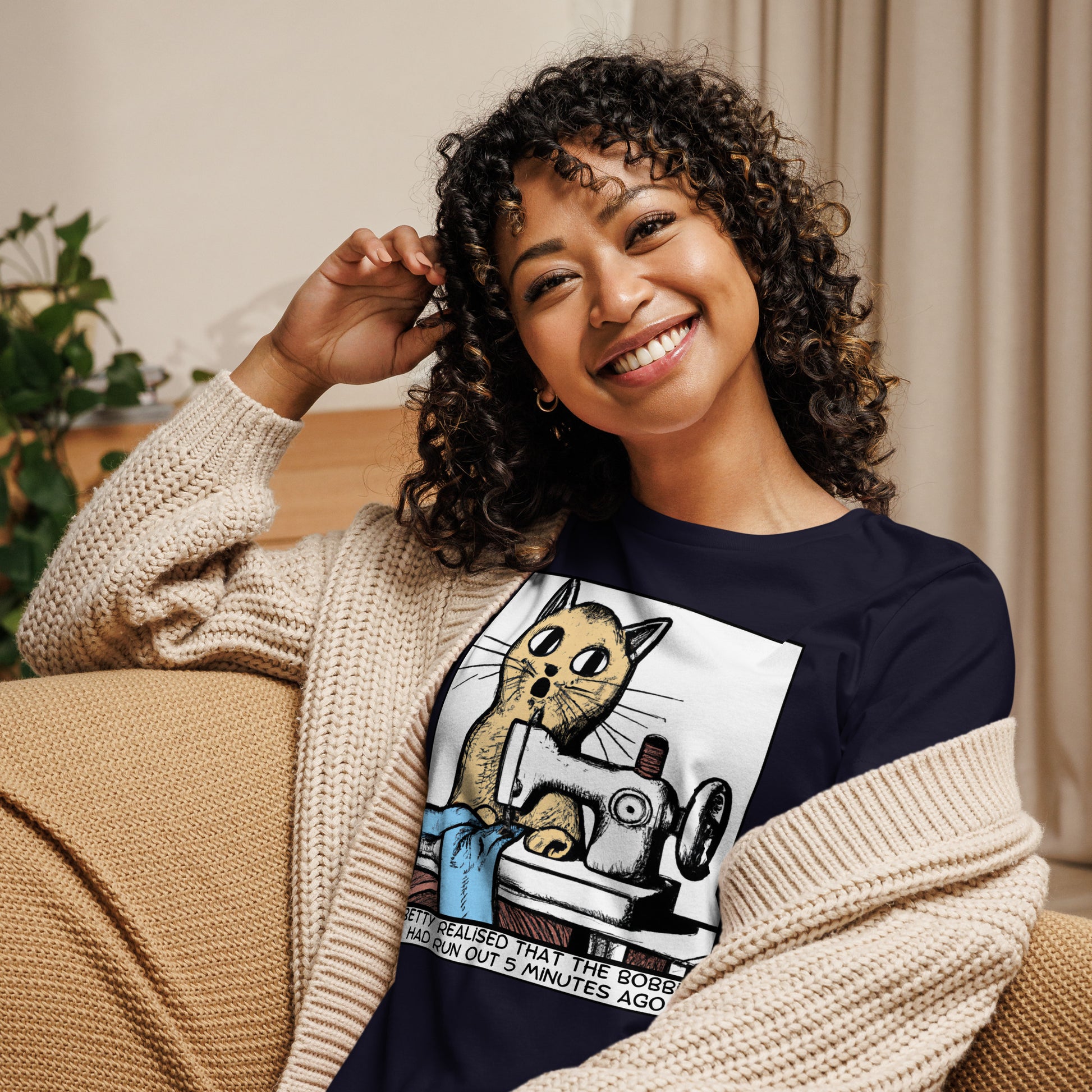 Women's T-shirt with "Betty Realised the Bobbin Ran Out Sewing Cat" design – The Perfect Gift for People who Love to Sew