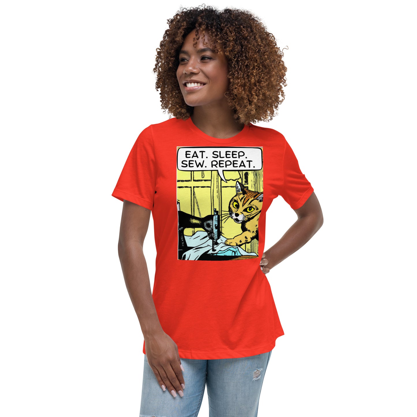 Women's T-shirt with "Eat. Sleep. Sew. Repeat. Sewing Cat" design – The Perfect Gift for People who Love to Sew