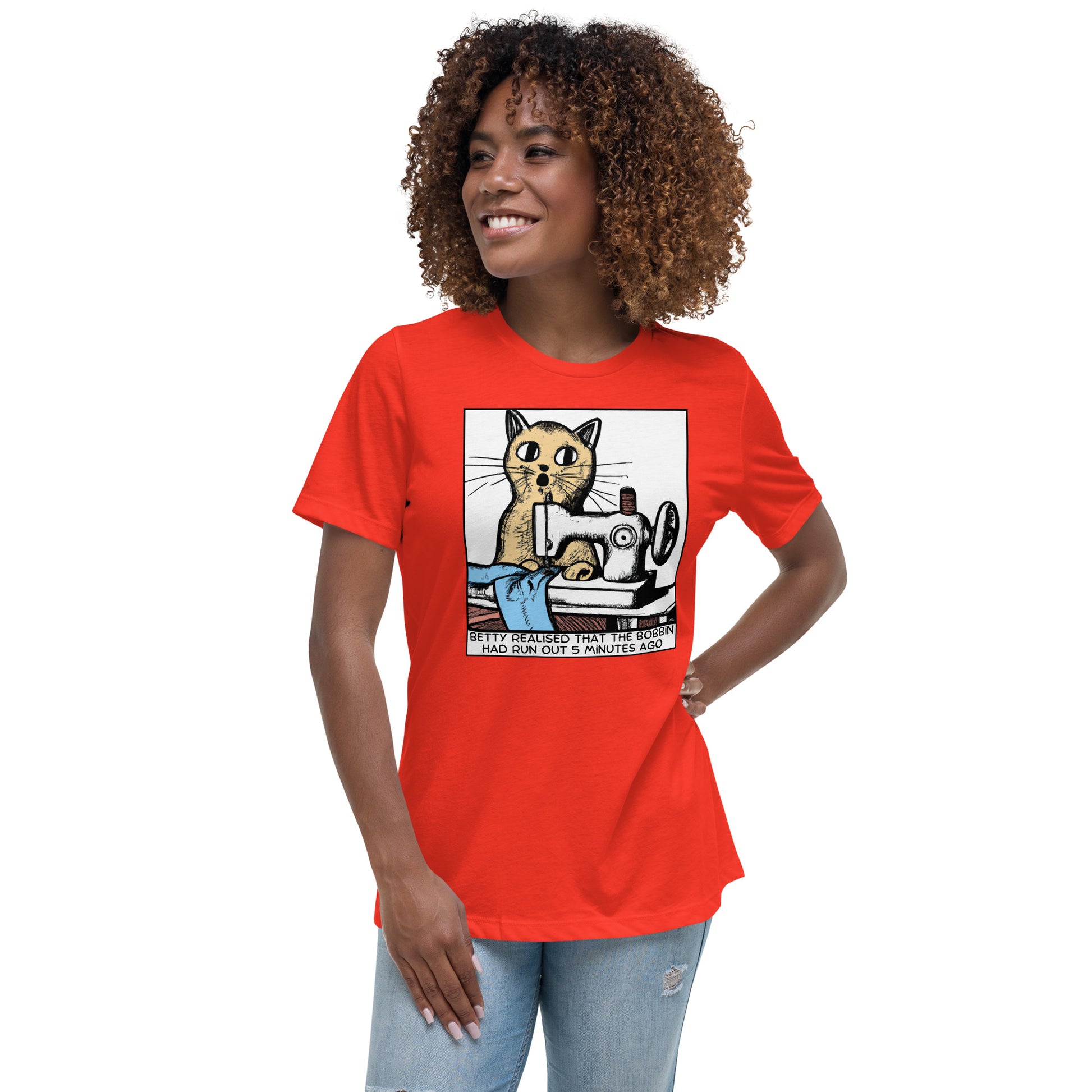 Women's T-shirt with "Betty Realised the Bobbin Ran Out Sewing Cat" design – The Perfect Gift for People who Love to Sew