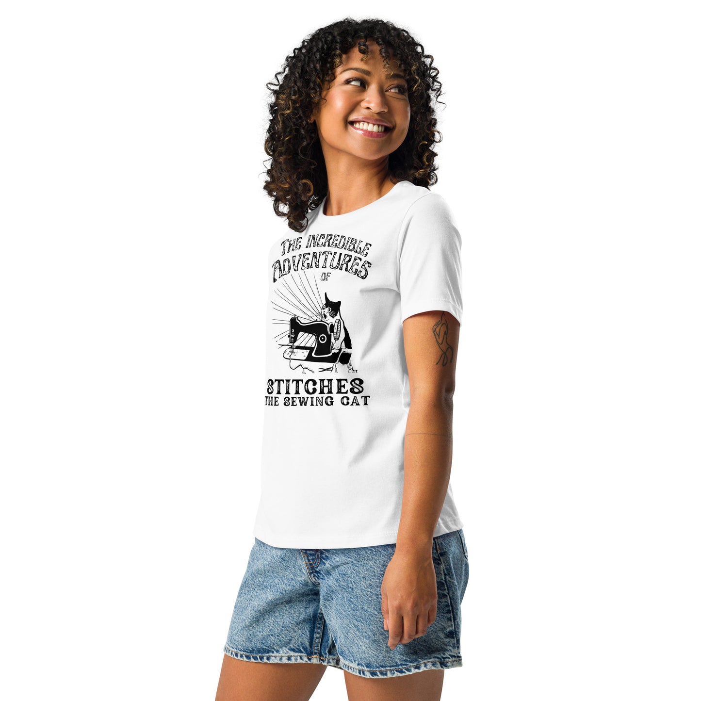 Women's T-shirt with "The Incredible Adventures of Stitches the Sewing Cat" design – The Perfect Gift for People who Love to Sew