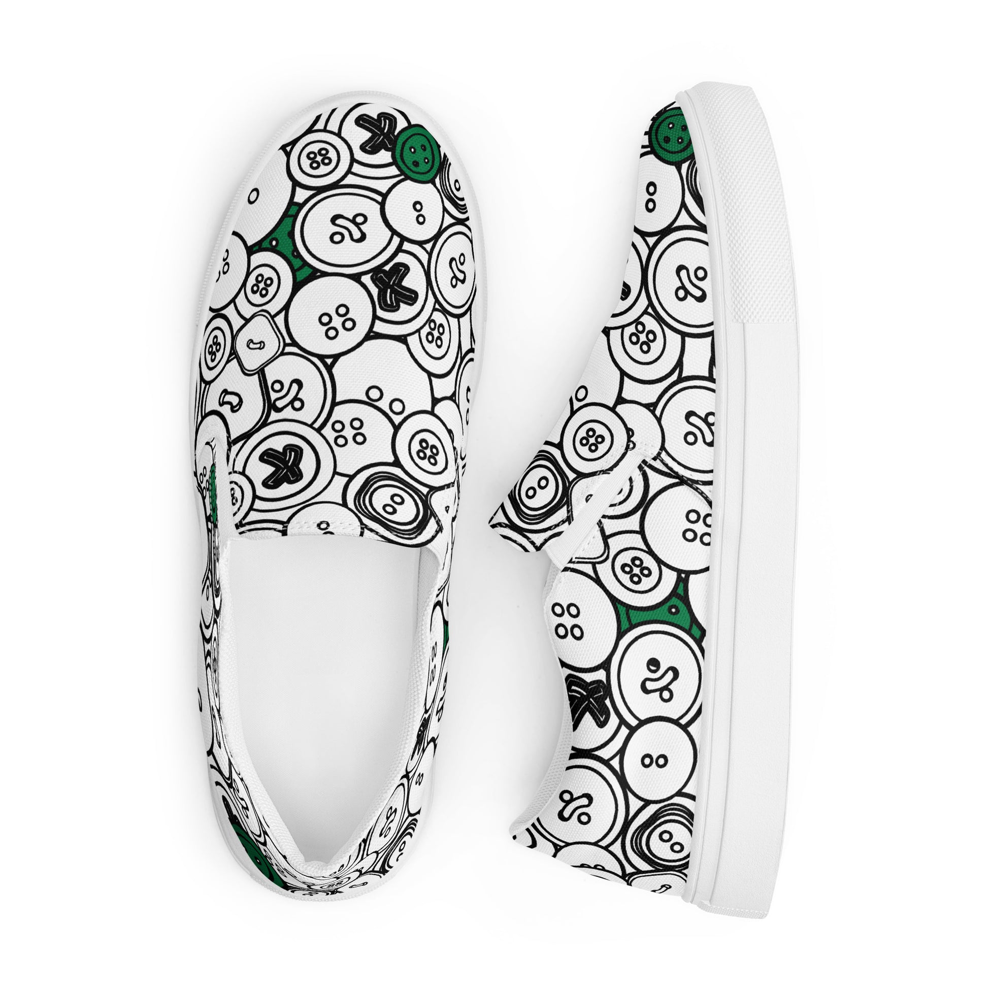 Slip-on Canvas Shoes with "Green Buttons", design, the perfect gift for people who love to sew