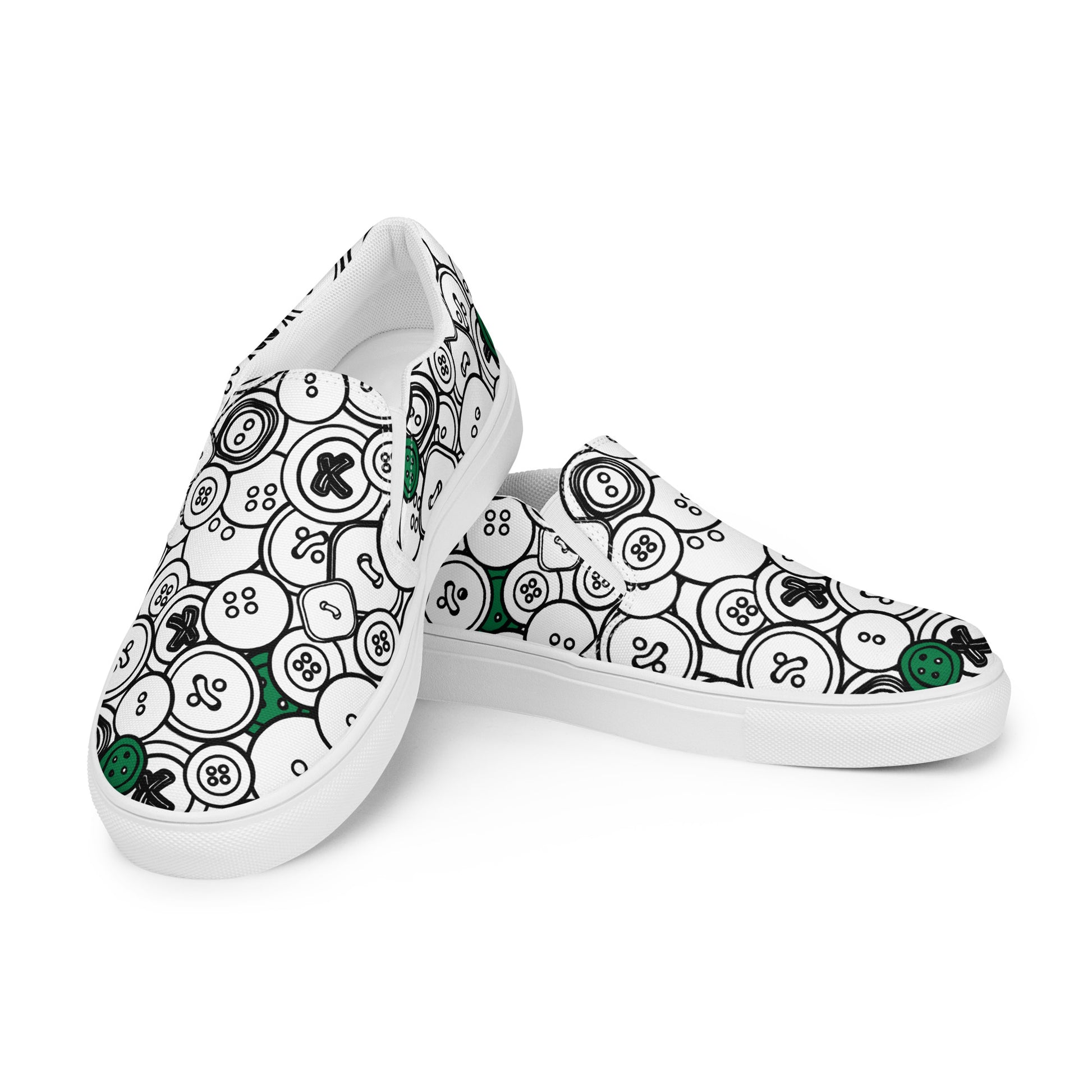 Slip-on Canvas Shoes with "Green Buttons", design, the perfect gift for people who love to sew