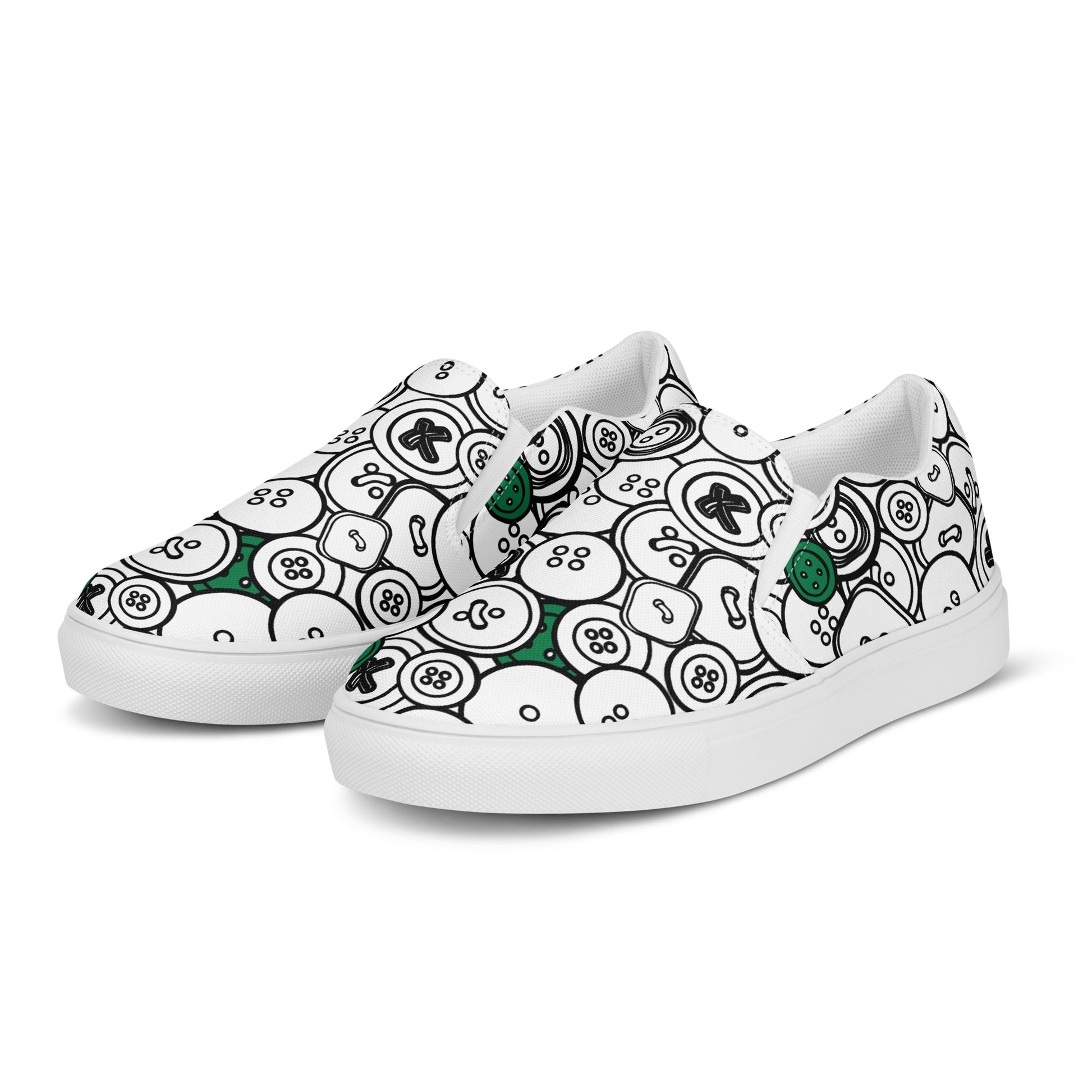 Slip-on Canvas Shoes with "Green Buttons", design, the perfect gift for people who love to sew